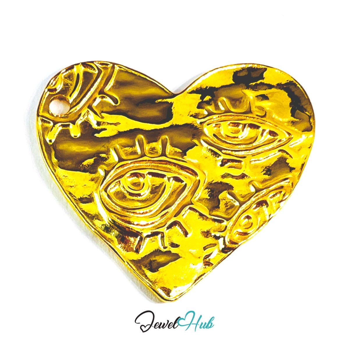 DuoTone Eye Motif Heart Pendant Gold Engraved Steel Charm - JewelHub.co.uk