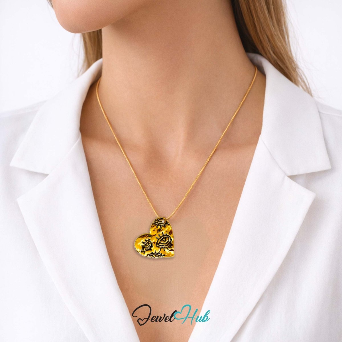 DuoTone Eye Motif Heart Pendant Gold Engraved Steel Charm - JewelHub.co.uk