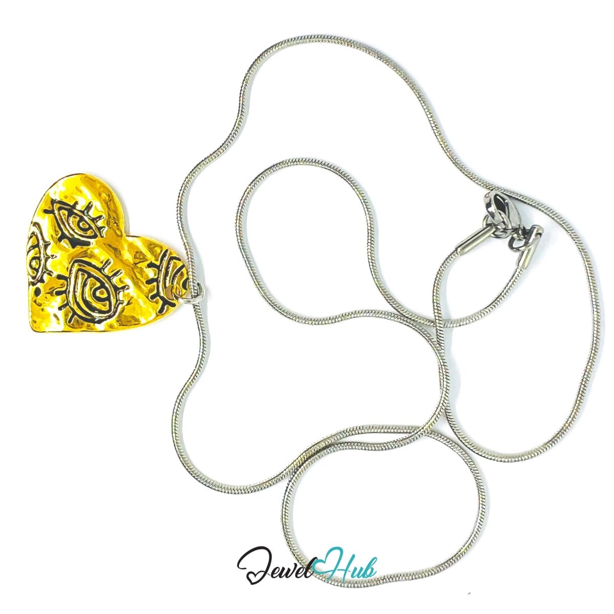 DuoTone Eye Motif Heart Pendant Gold Engraved Steel Charm - JewelHub.co.uk