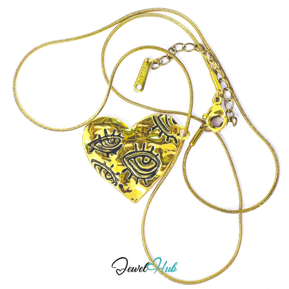 DuoTone Eye Motif Heart Pendant Gold Engraved Steel Charm - JewelHub.co.uk