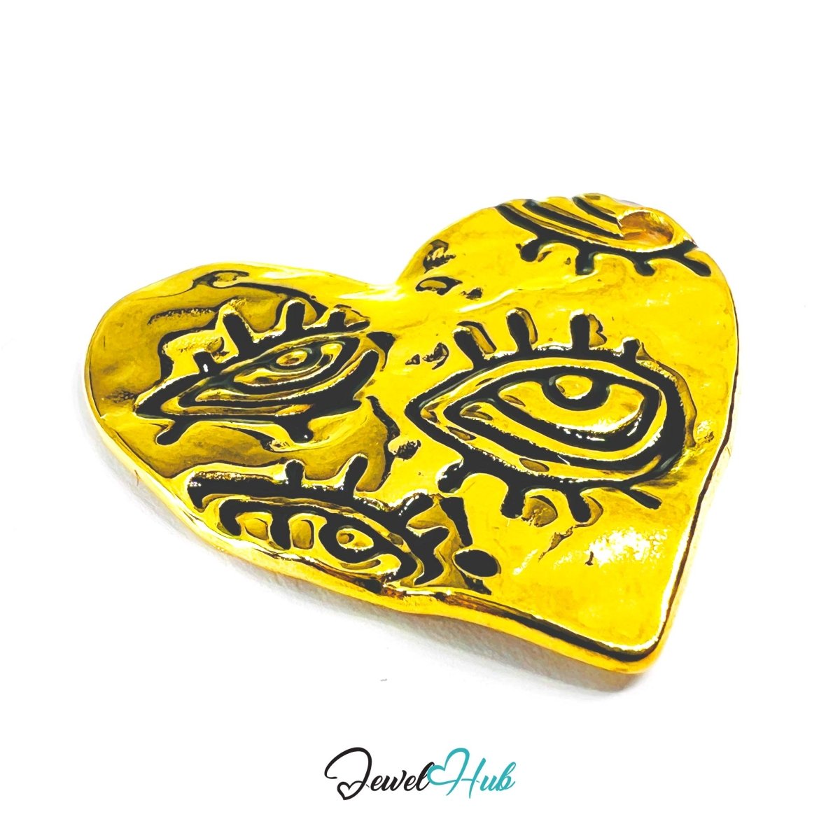 DuoTone Eye Motif Heart Pendant Gold Engraved Steel Charm - JewelHub.co.uk