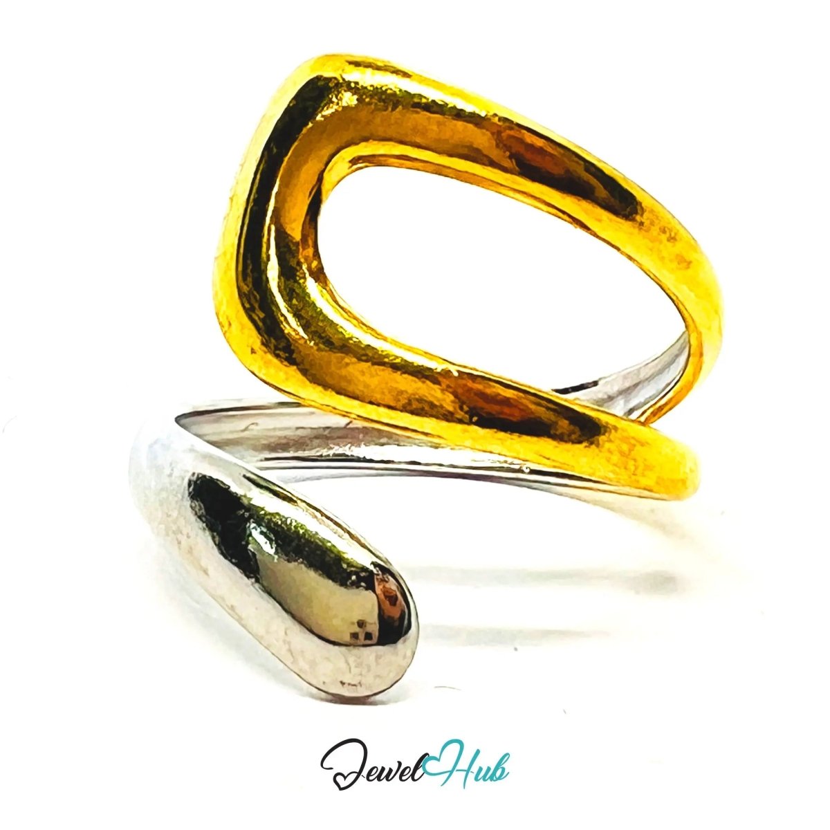 DuoTone Fluid TwistForm Ring · Stainless Steel · Adjustable OPQ · Sculptural Contrast - JewelHub.co.uk