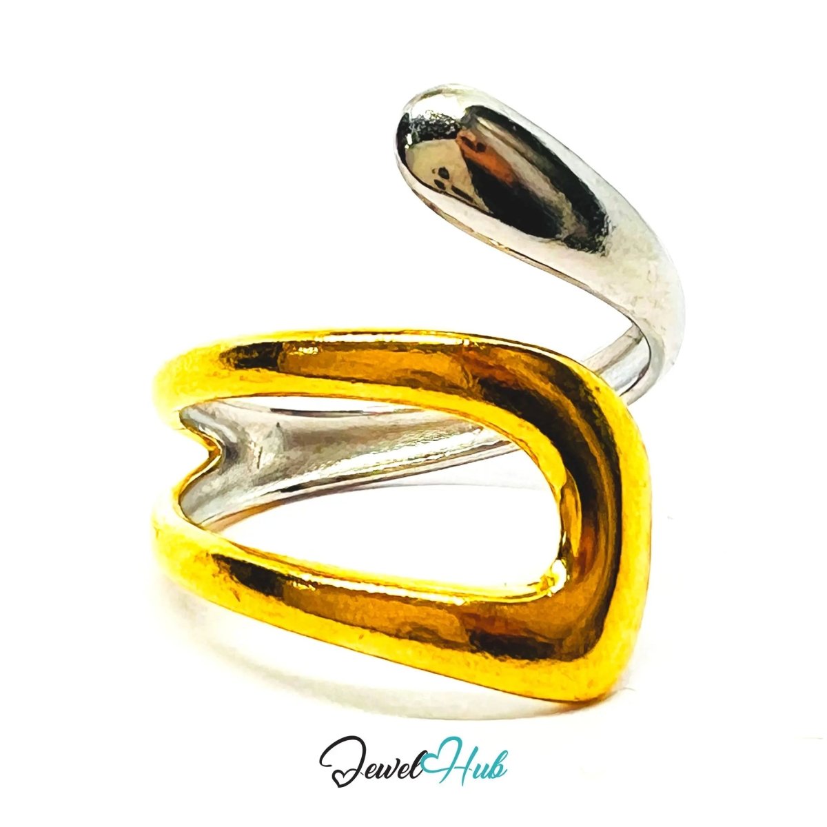 DuoTone Fluid TwistForm Ring · Stainless Steel · Adjustable OPQ · Sculptural Contrast - JewelHub.co.uk