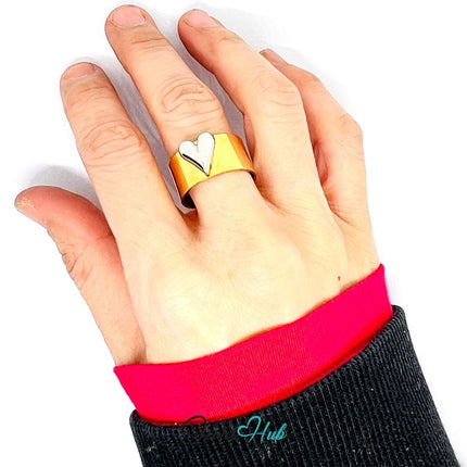 DuoTone Gold Heart Bold Ring · Stainless Steel · Adjustable MNOPQ · Glossy Heart - JewelHub.co.uk