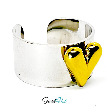 DuoTone Gold Heart Bold Ring · Stainless Steel · Adjustable MNOPQ · Glossy Heart - JewelHub.co.uk