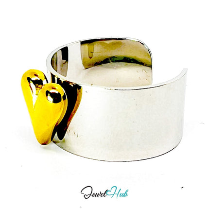 DuoTone Gold Heart Bold Ring · Stainless Steel · Adjustable MNOPQ · Glossy Heart - JewelHub.co.uk