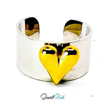 DuoTone Gold Heart Bold Ring · Stainless Steel · Adjustable MNOPQ · Glossy Heart - JewelHub.co.uk