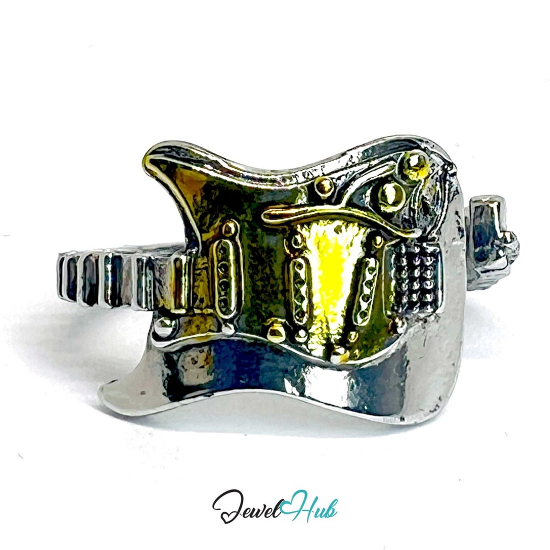 DuoTone Guitar Zinc Alloy Ring – Sculptural Music Symbol - JewelHub.co.uk