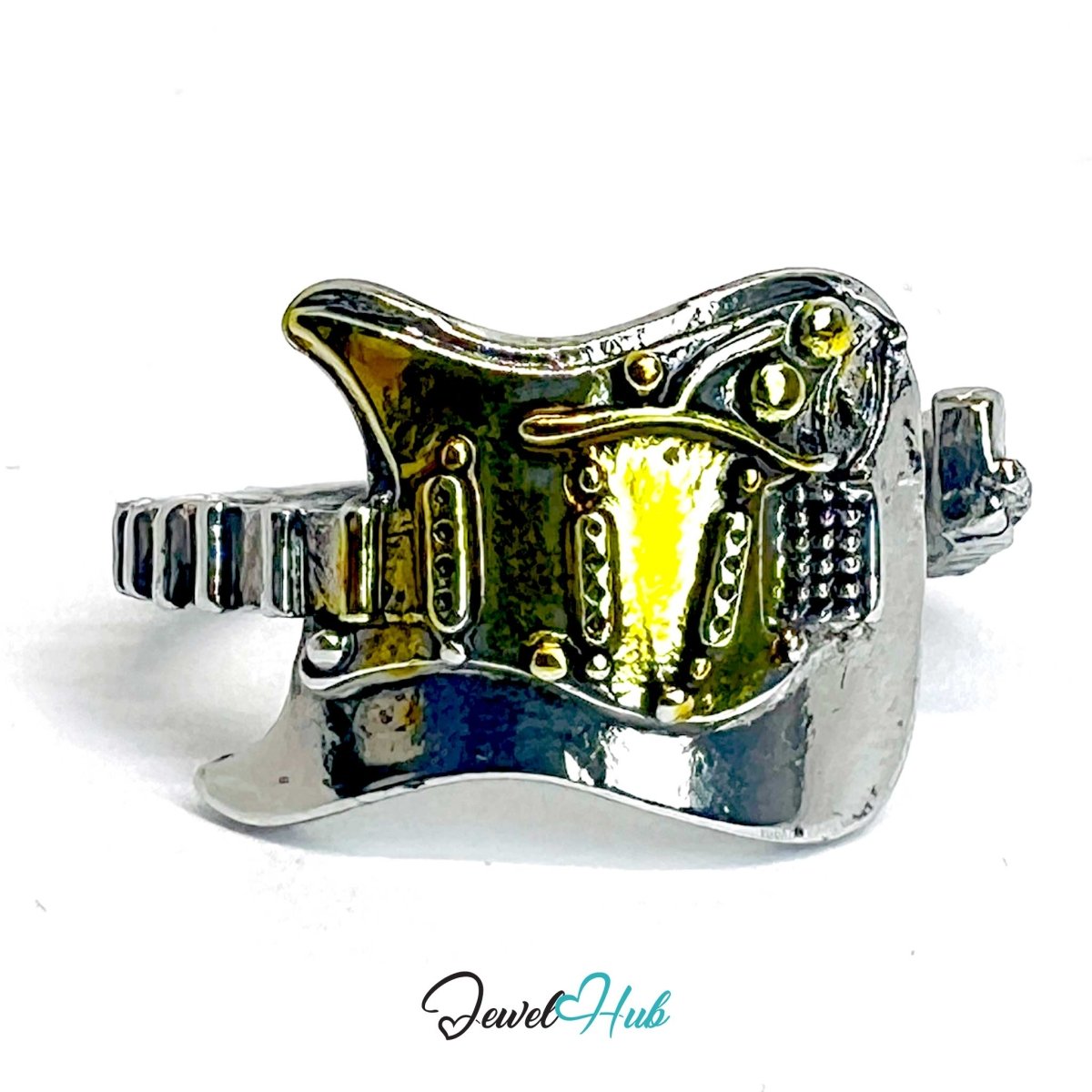 DuoTone Guitar Zinc Alloy Ring – Sculptural Music Symbol - JewelHub.co.uk