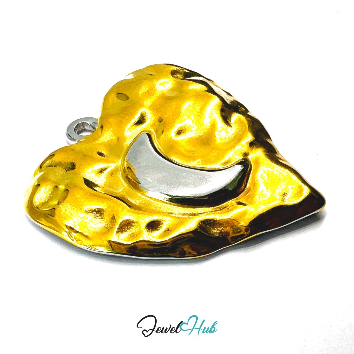 DuoTone Hammered Heart Pendant Open Centre Gold Silver Steel - JewelHub.co.uk