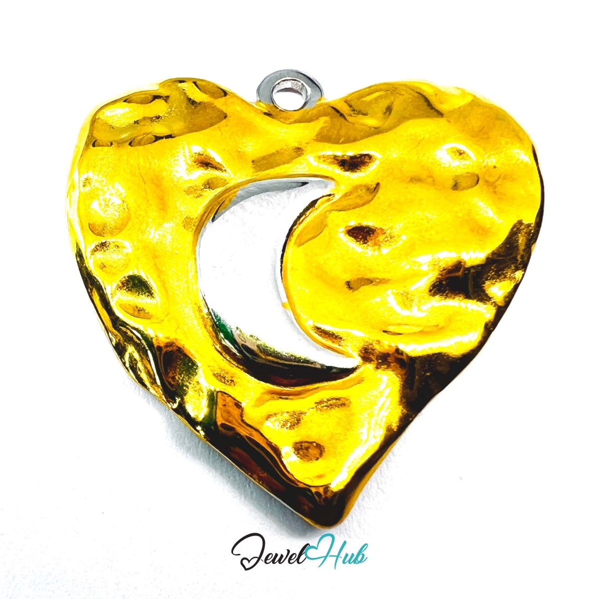 DuoTone Hammered Heart Pendant Open Centre Gold Silver Steel - JewelHub.co.uk