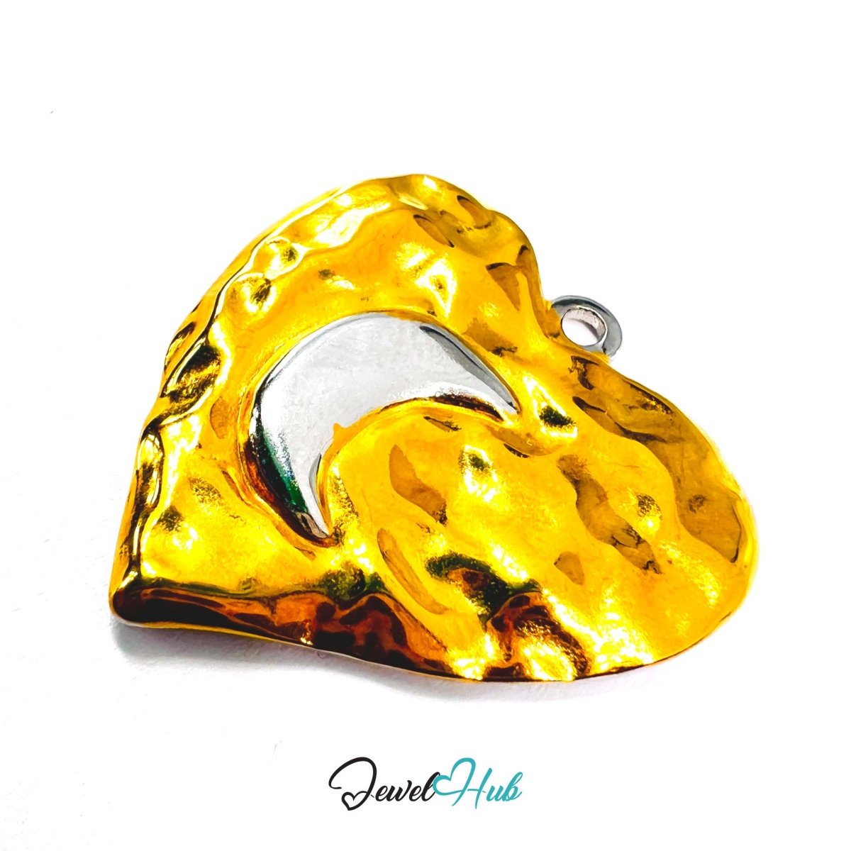 DuoTone Hammered Heart Pendant Open Centre Gold Silver Steel - JewelHub.co.uk