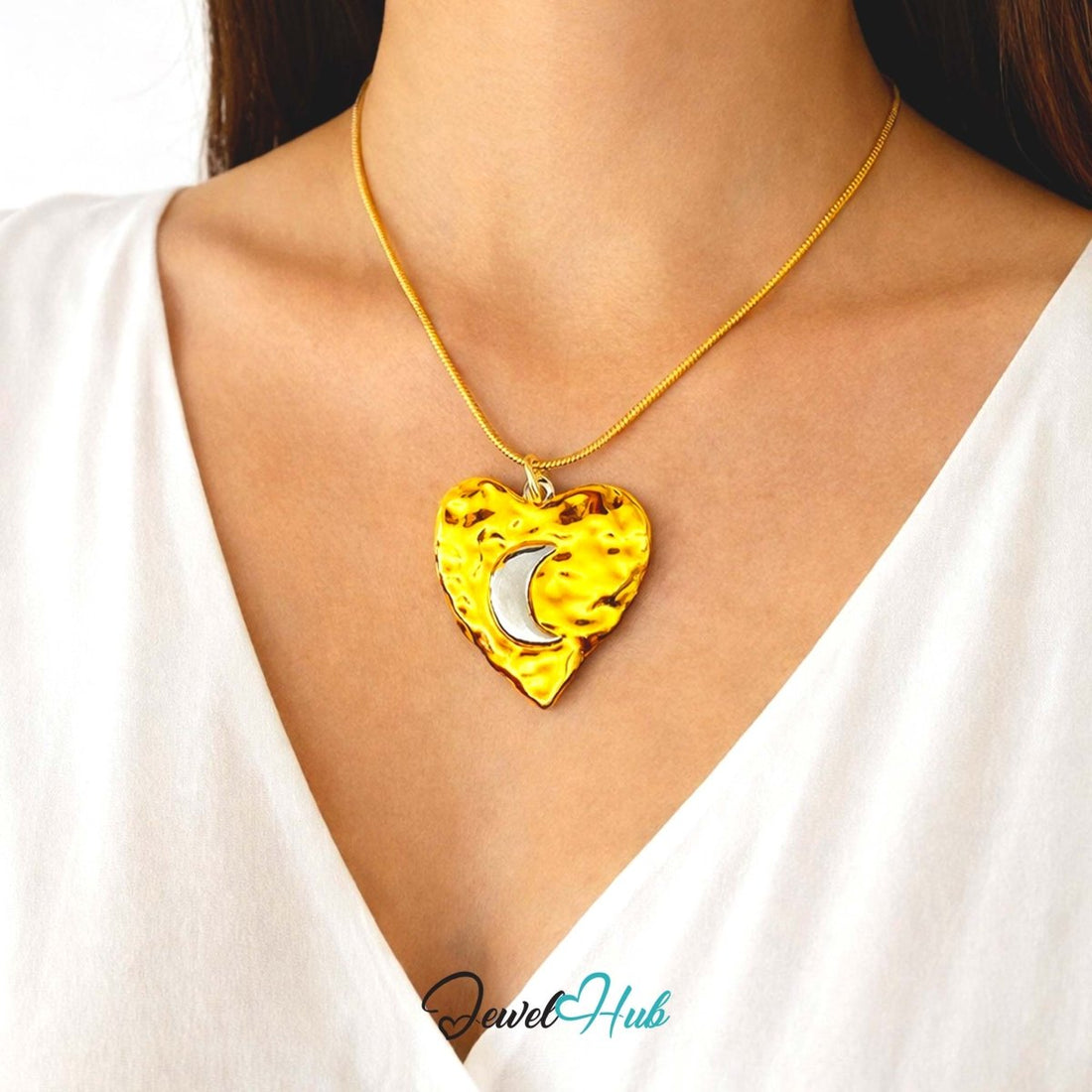 DuoTone Hammered Heart Pendant Open Centre Gold Silver Steel - JewelHub.co.uk