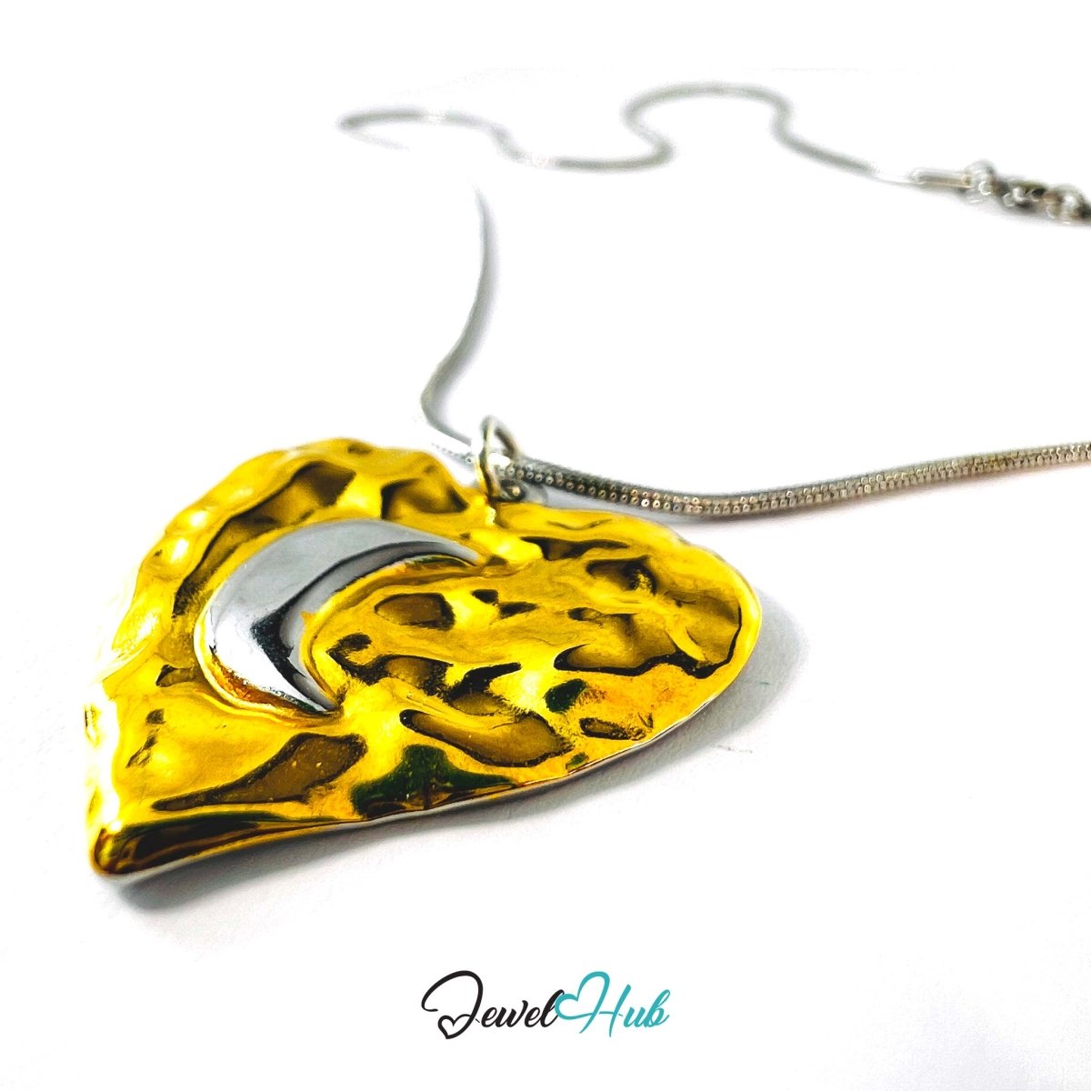 DuoTone Hammered Heart Pendant Open Centre Gold Silver Steel - JewelHub.co.uk