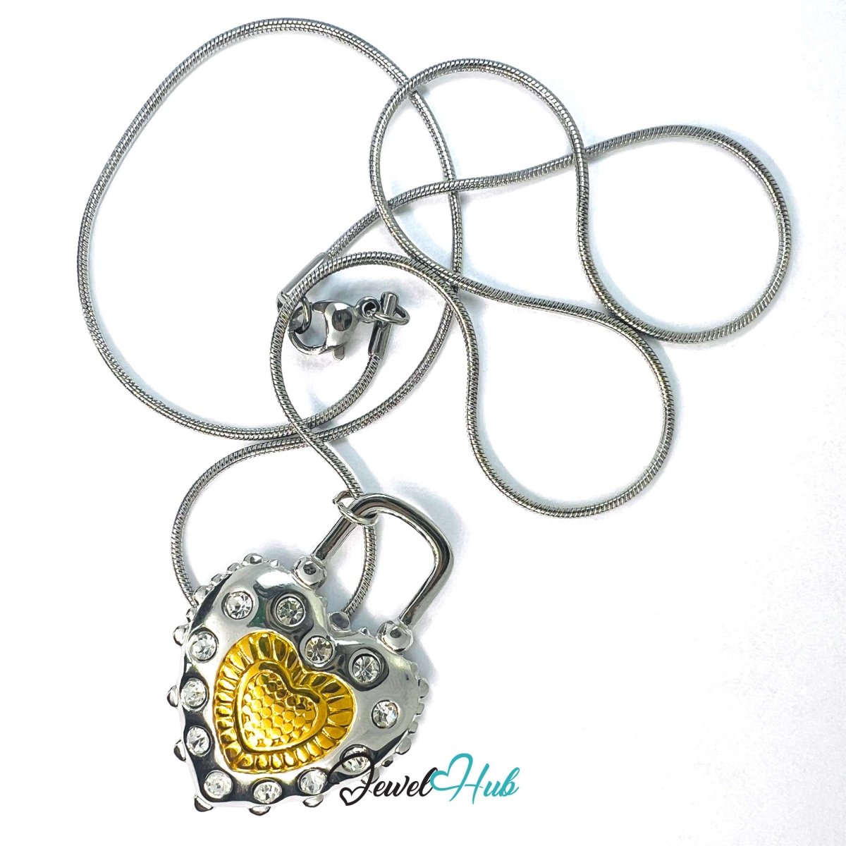 DuoTone Heart Padlock Pendant Gold Core Zirconia Halo Steel Charm - JewelHub.co.uk