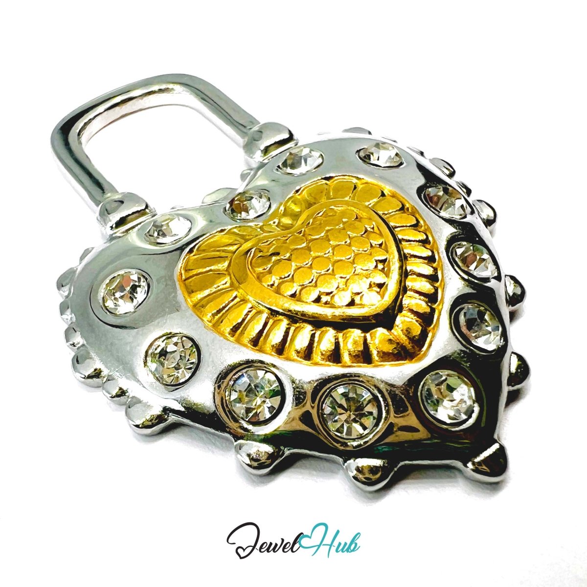 DuoTone Heart Padlock Pendant Gold Core Zirconia Halo Steel Charm - JewelHub.co.uk