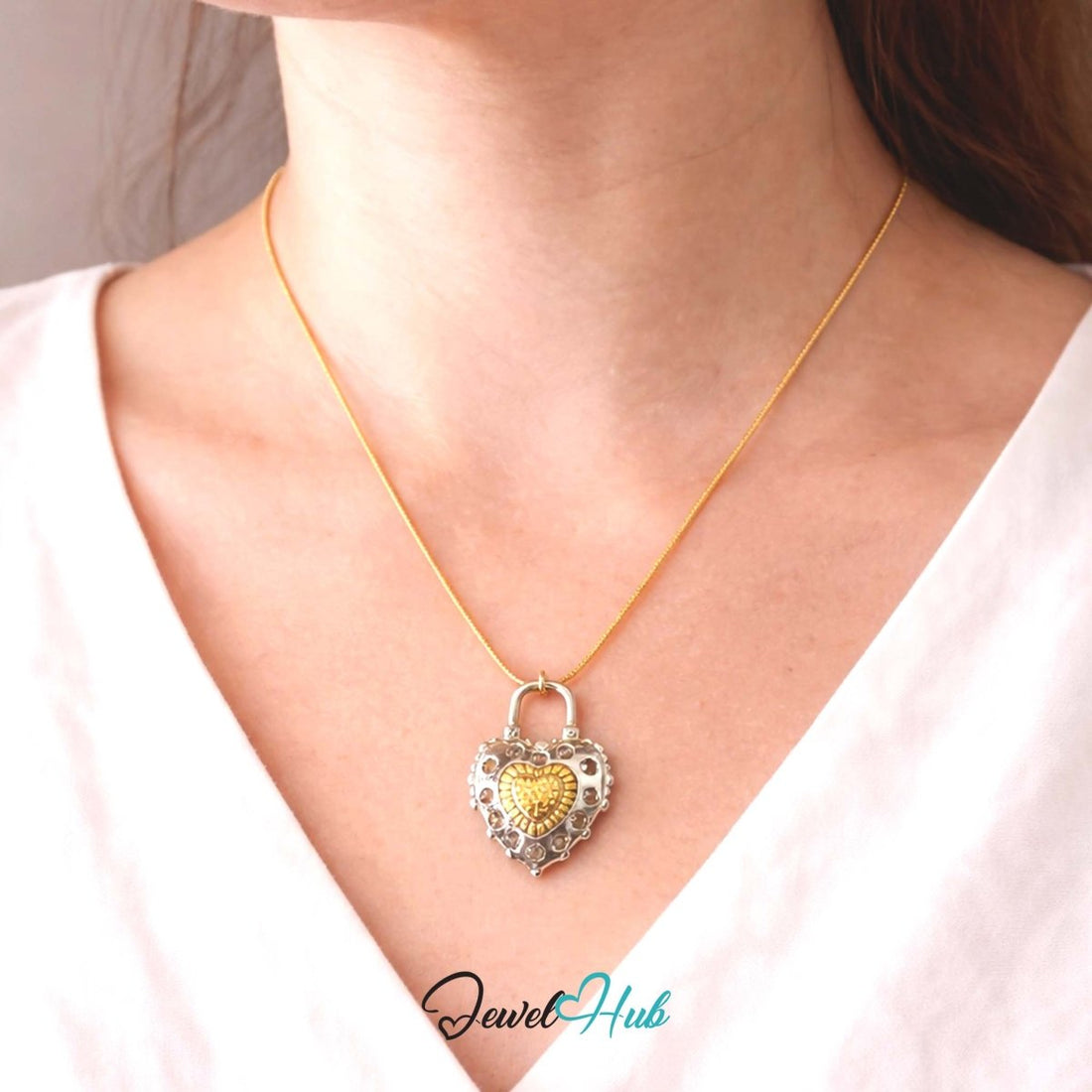 DuoTone Heart Padlock Pendant Gold Core Zirconia Halo Steel Charm - JewelHub.co.uk