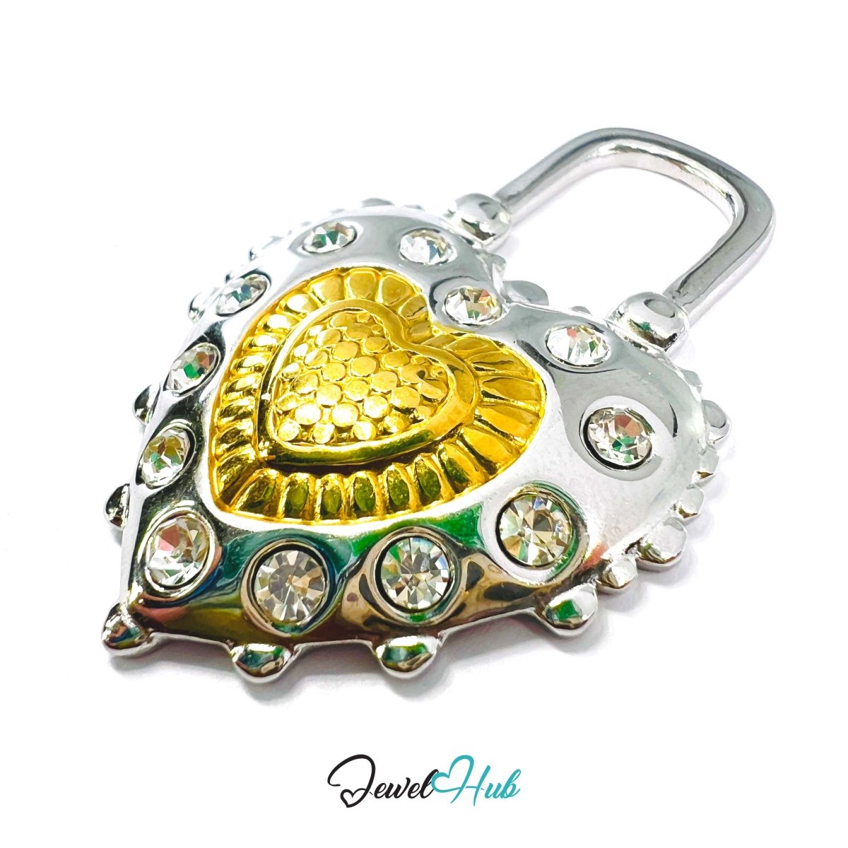 DuoTone Heart Padlock Pendant Gold Core Zirconia Halo Steel Charm - JewelHub.co.uk