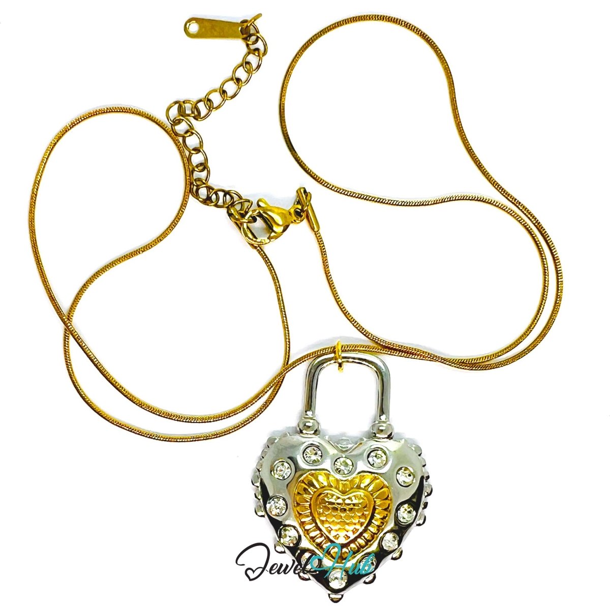 DuoTone Heart Padlock Pendant Gold Core Zirconia Halo Steel Charm - JewelHub.co.uk