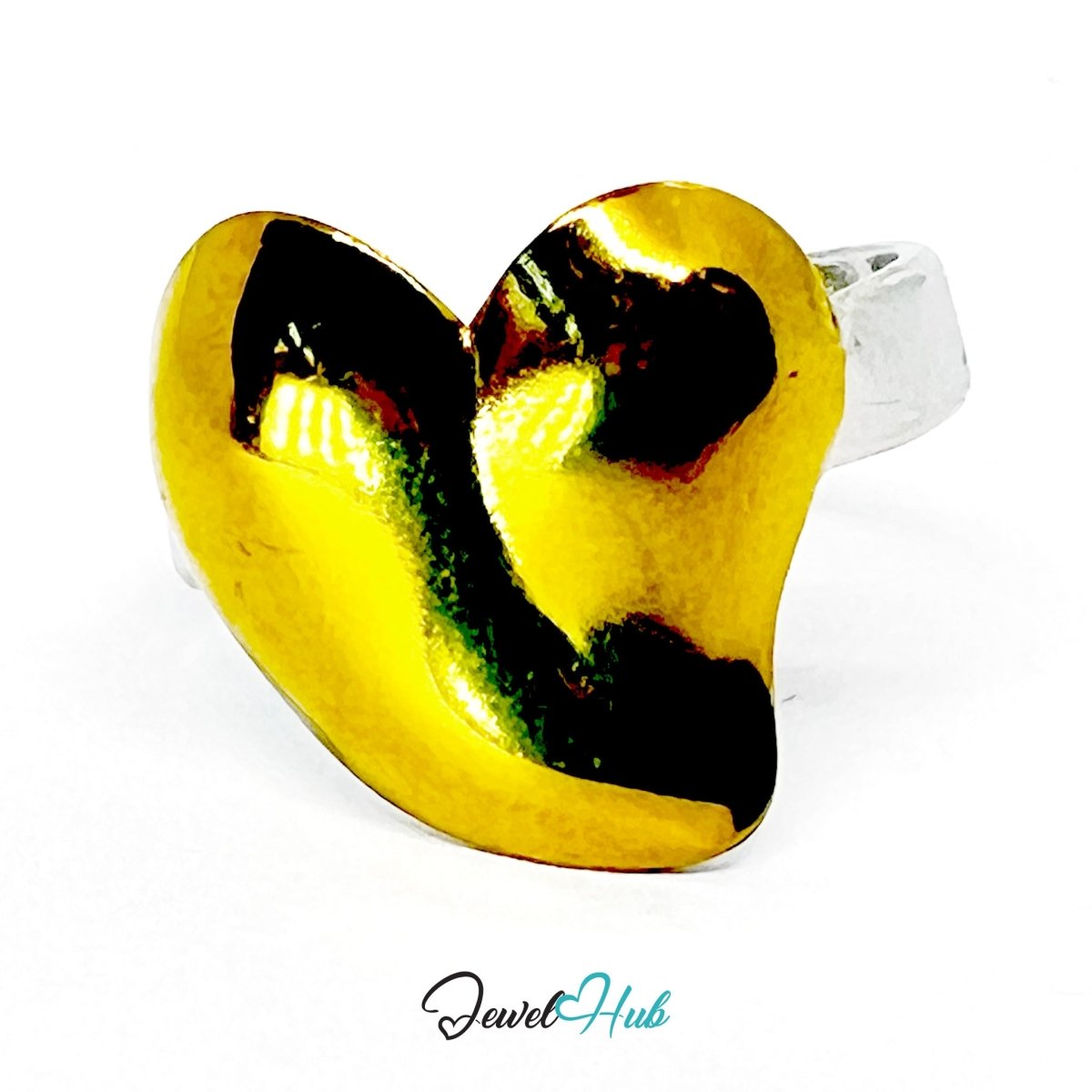 DuoTone HeartGlow Ring · Stainless Steel · Adjustable MNOPQ · Gold Heart & Silver Band - JewelHub.co.uk