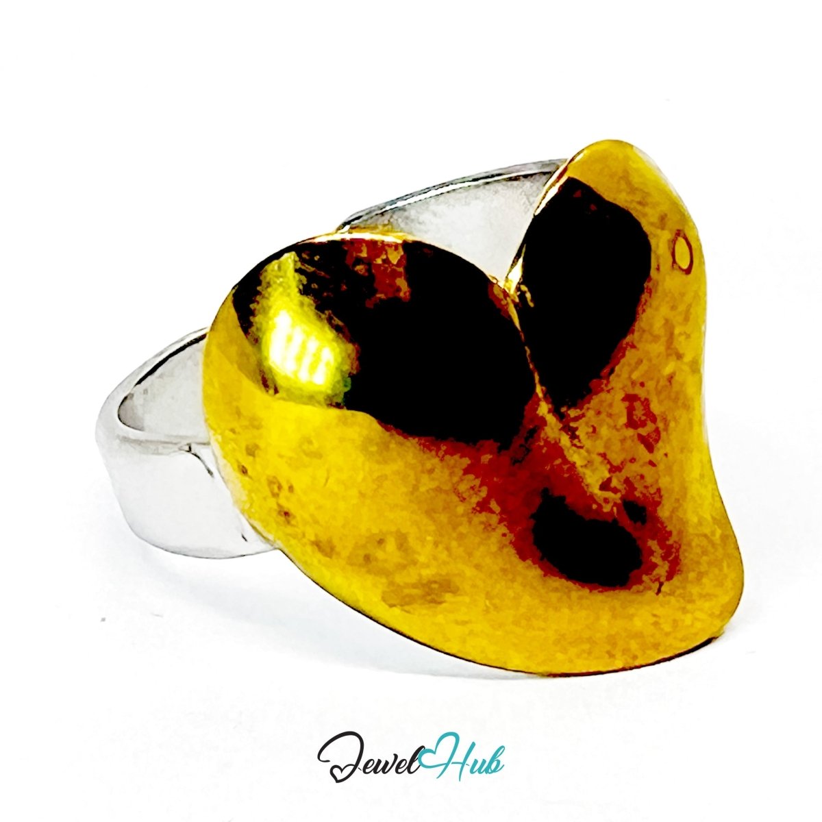 DuoTone HeartGlow Ring · Stainless Steel · Adjustable MNOPQ · Gold Heart & Silver Band - JewelHub.co.uk