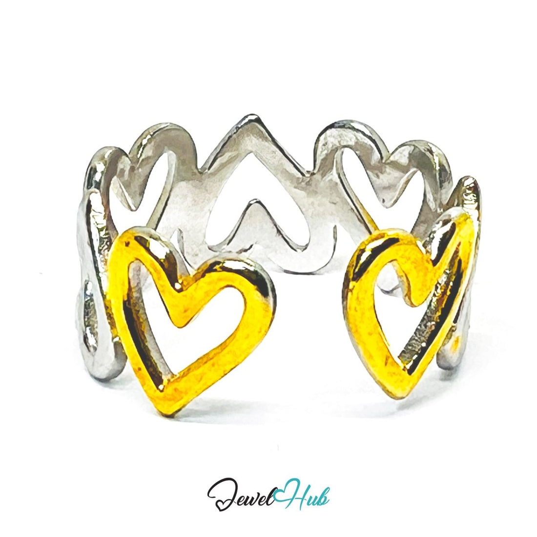 DuoTone HeartLink Ring · Stainless Steel · Adjustable MNOPQ · Gold & Silver Linked Heart Band - JewelHub.co.uk