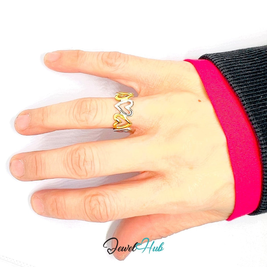 DuoTone HeartLink Ring · Stainless Steel · Adjustable MNOPQ · Gold & Silver Linked Heart Band - JewelHub.co.uk