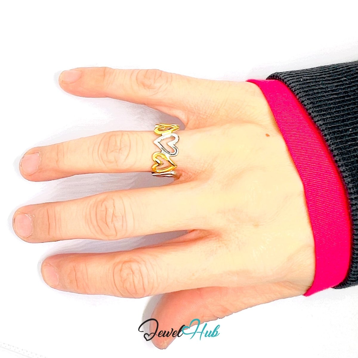 DuoTone HeartLink Ring · Stainless Steel · Adjustable MNOPQ · Gold & Silver Linked Heart Band - JewelHub.co.uk