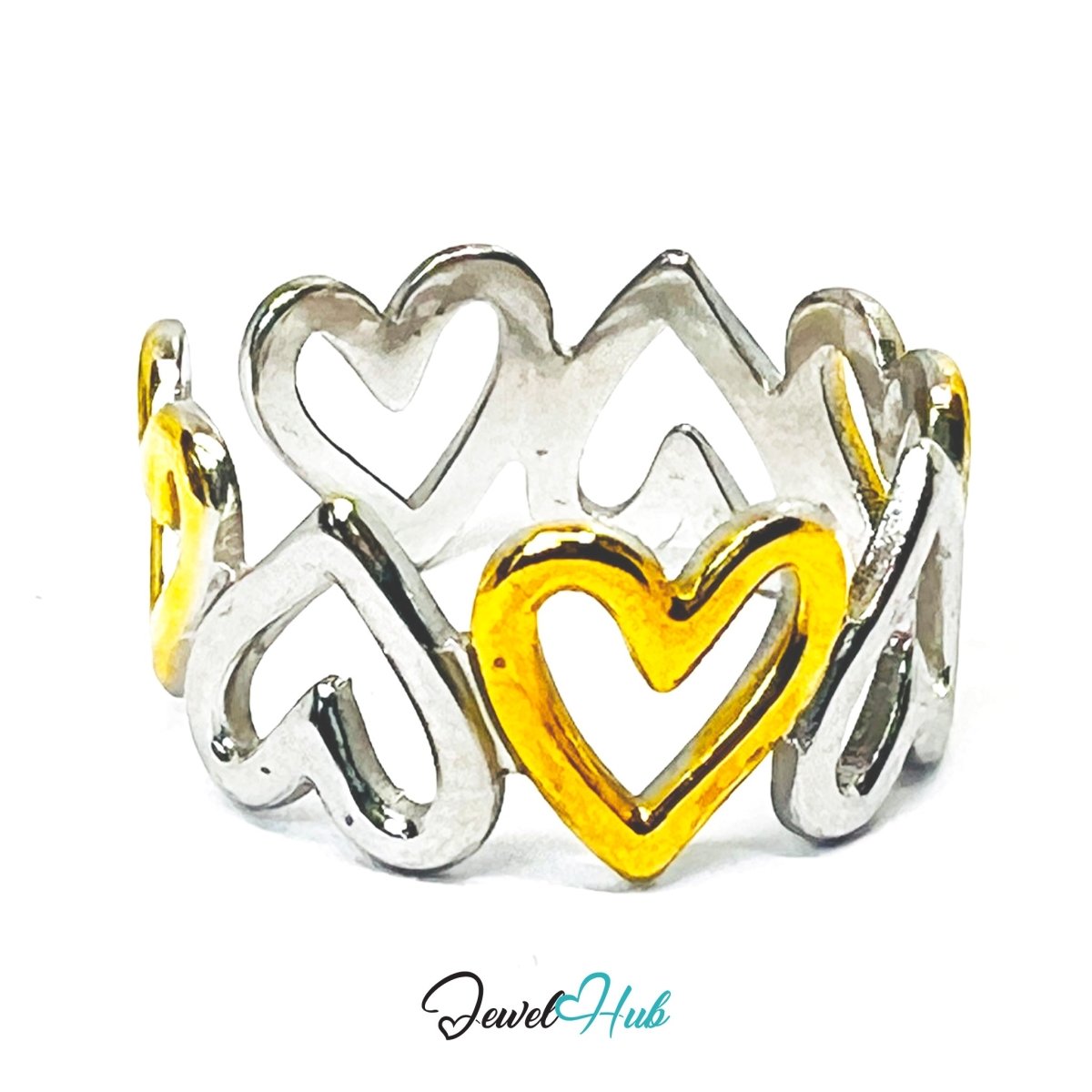 DuoTone HeartLink Ring · Stainless Steel · Adjustable MNOPQ · Gold & Silver Linked Heart Band - JewelHub.co.uk