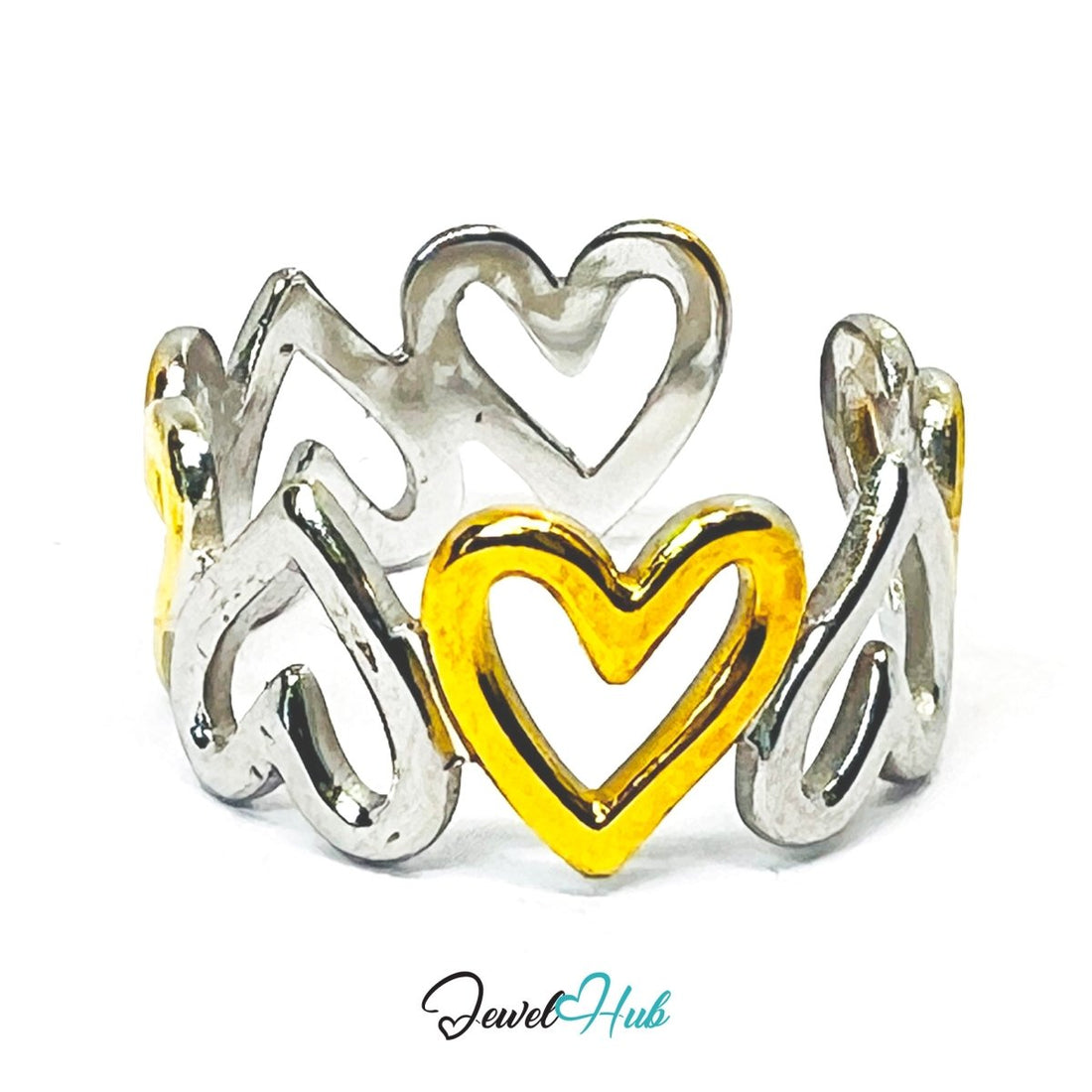DuoTone HeartLink Ring · Stainless Steel · Adjustable MNOPQ · Gold & Silver Linked Heart Band - JewelHub.co.uk
