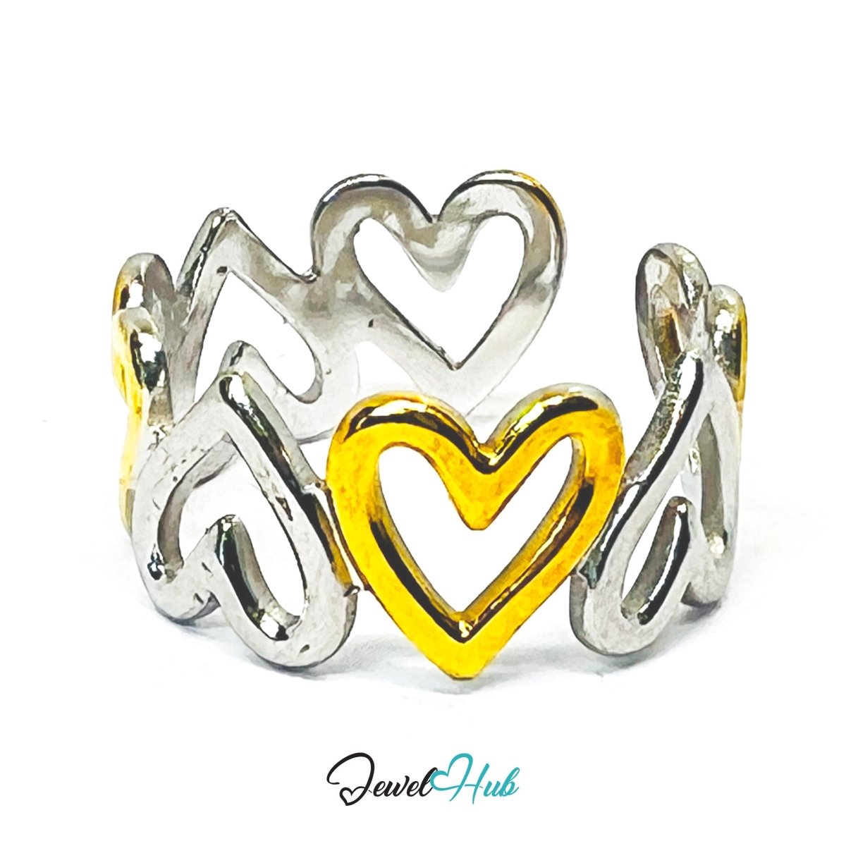 DuoTone HeartLink Ring · Stainless Steel · Adjustable MNOPQ · Gold & Silver Linked Heart Band - JewelHub.co.uk