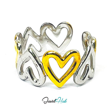 DuoTone HeartLink Ring · Stainless Steel · Adjustable MNOPQ · Gold & Silver Linked Heart Band - JewelHub.co.uk