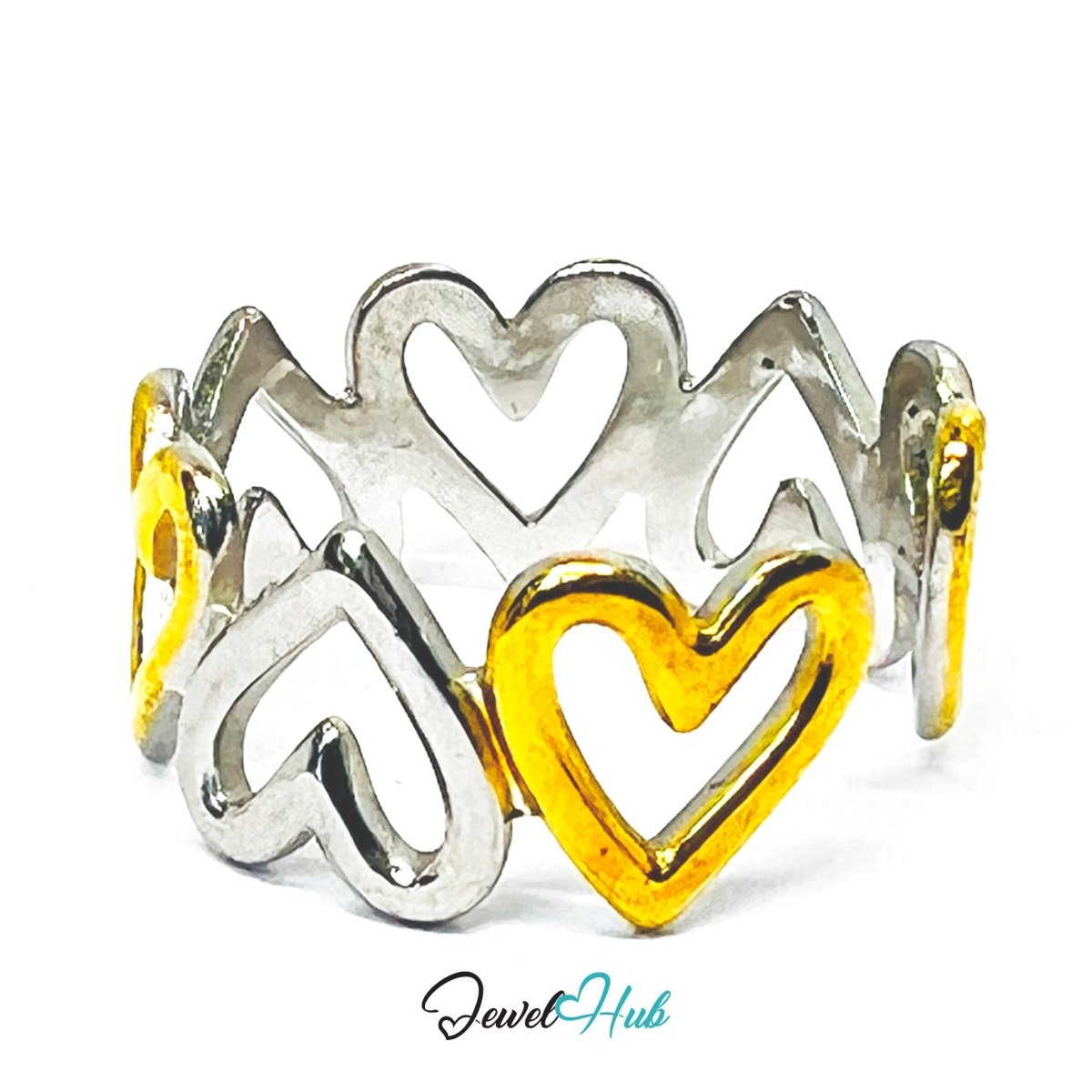 DuoTone HeartLink Ring · Stainless Steel · Adjustable MNOPQ · Gold & Silver Linked Heart Band - JewelHub.co.uk