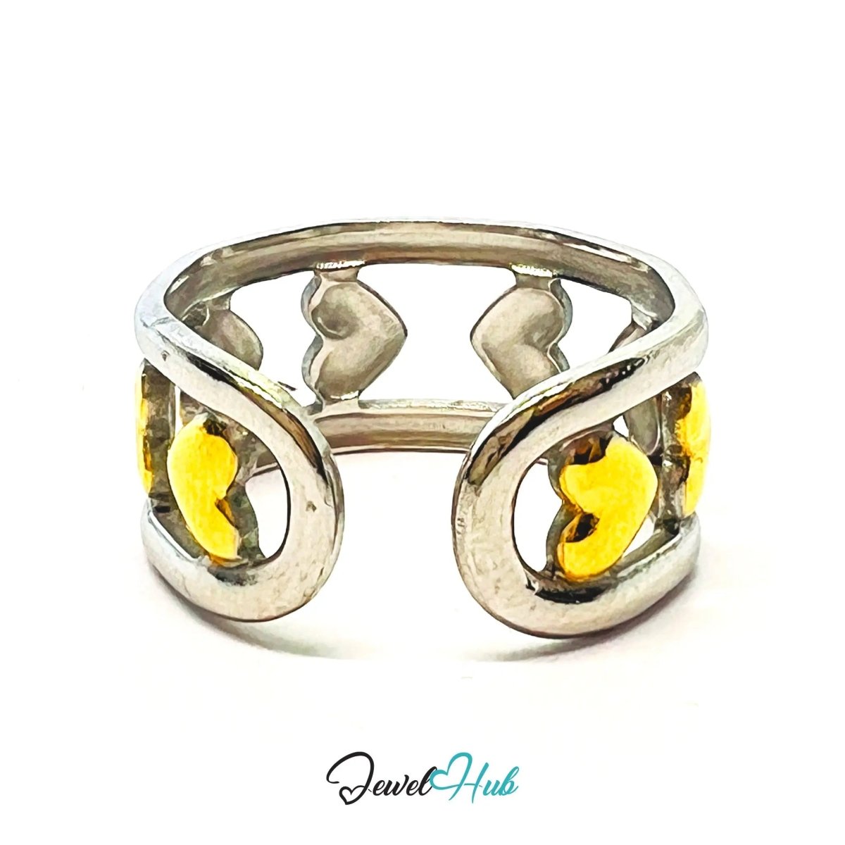 DuoTone HeartLinkBand Ring · Stainless Steel · Adjustable NOP · Romantic Rhythm - JewelHub.co.uk