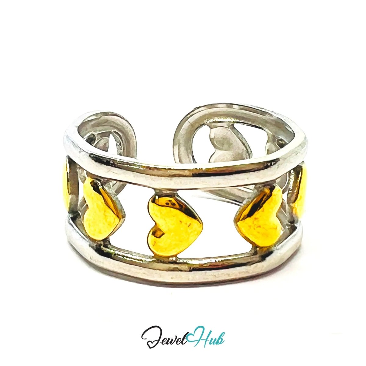 DuoTone HeartLinkBand Ring · Stainless Steel · Adjustable NOP · Romantic Rhythm - JewelHub.co.uk