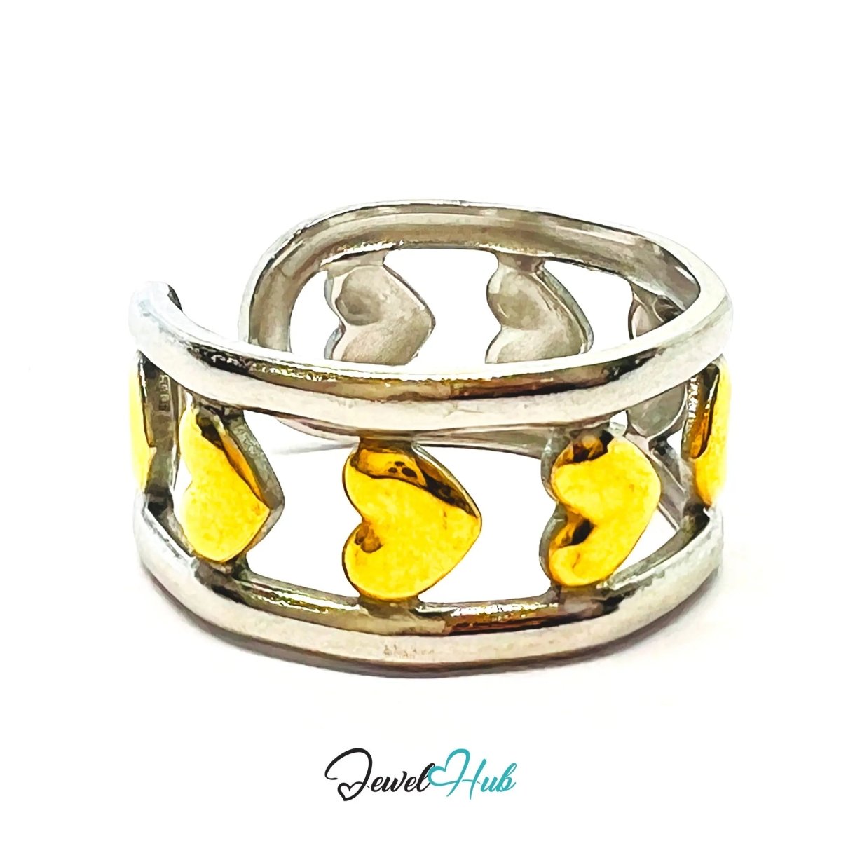 DuoTone HeartLinkBand Ring · Stainless Steel · Adjustable NOP · Romantic Rhythm - JewelHub.co.uk