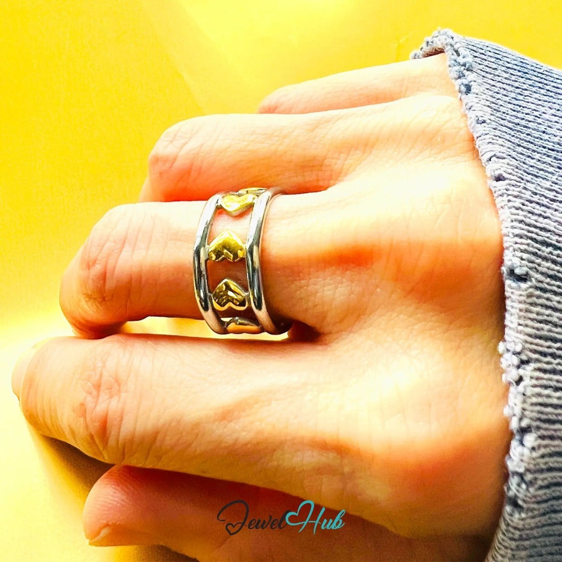DuoTone HeartLinkBand Ring · Stainless Steel · Adjustable NOP · Romantic Rhythm - JewelHub.co.uk