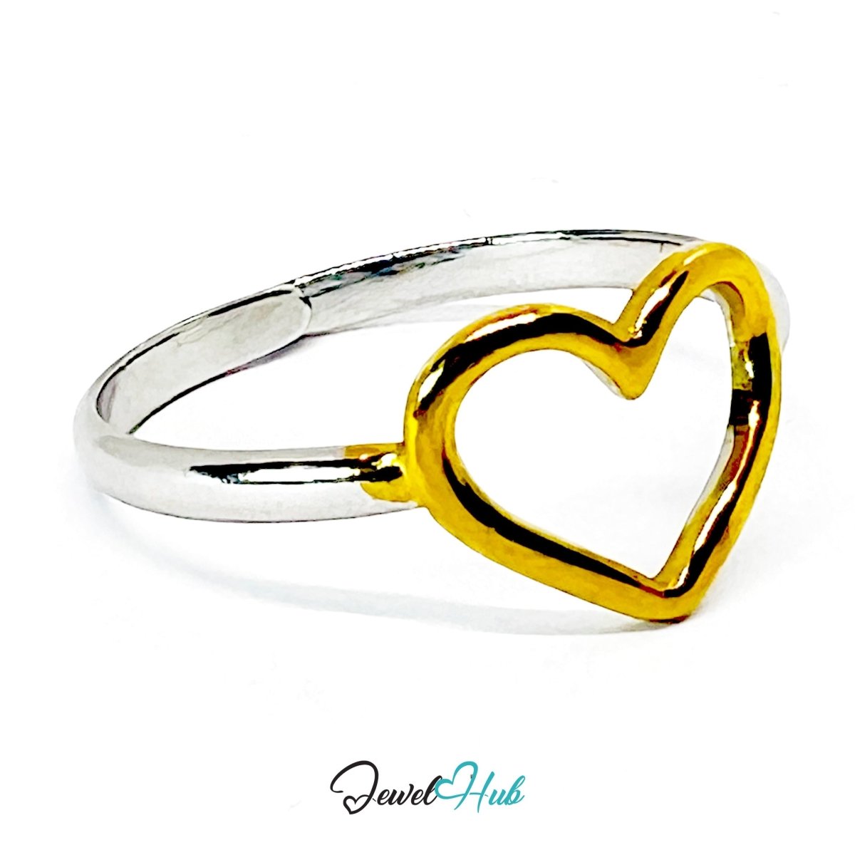 DuoTone HeartOutline Ring · Stainless Steel · Adjustable MNOPQ · Gold Heart & Silver Band - JewelHub.co.uk