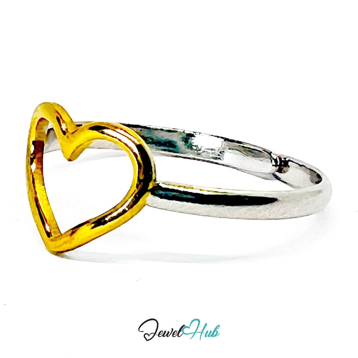 DuoTone HeartOutline Ring · Stainless Steel · Adjustable MNOPQ · Gold Heart & Silver Band - JewelHub.co.uk