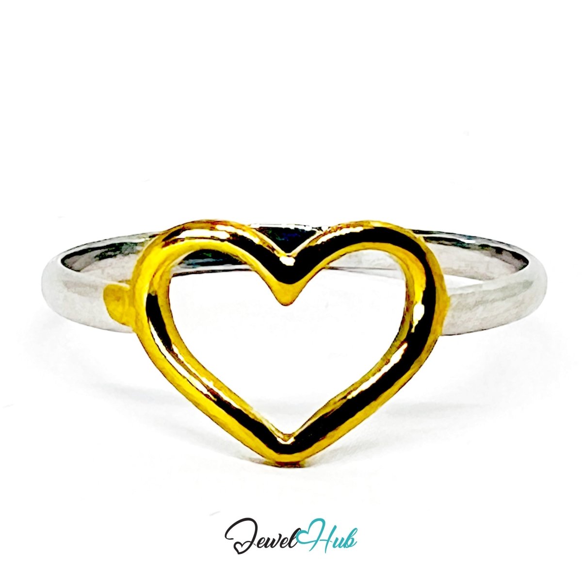 DuoTone HeartOutline Ring · Stainless Steel · Adjustable MNOPQ · Gold Heart & Silver Band - JewelHub.co.uk