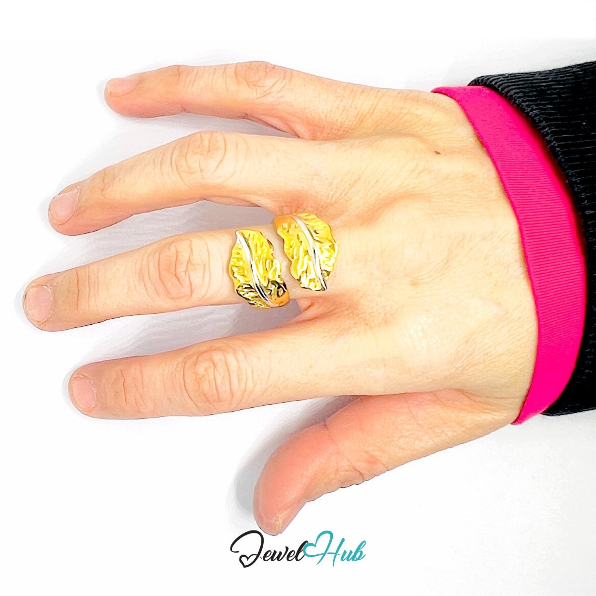 Duotone Leaf Ring · Stainless Steel · Adjustable MNOPQ · Gold Focus - JewelHub.co.uk