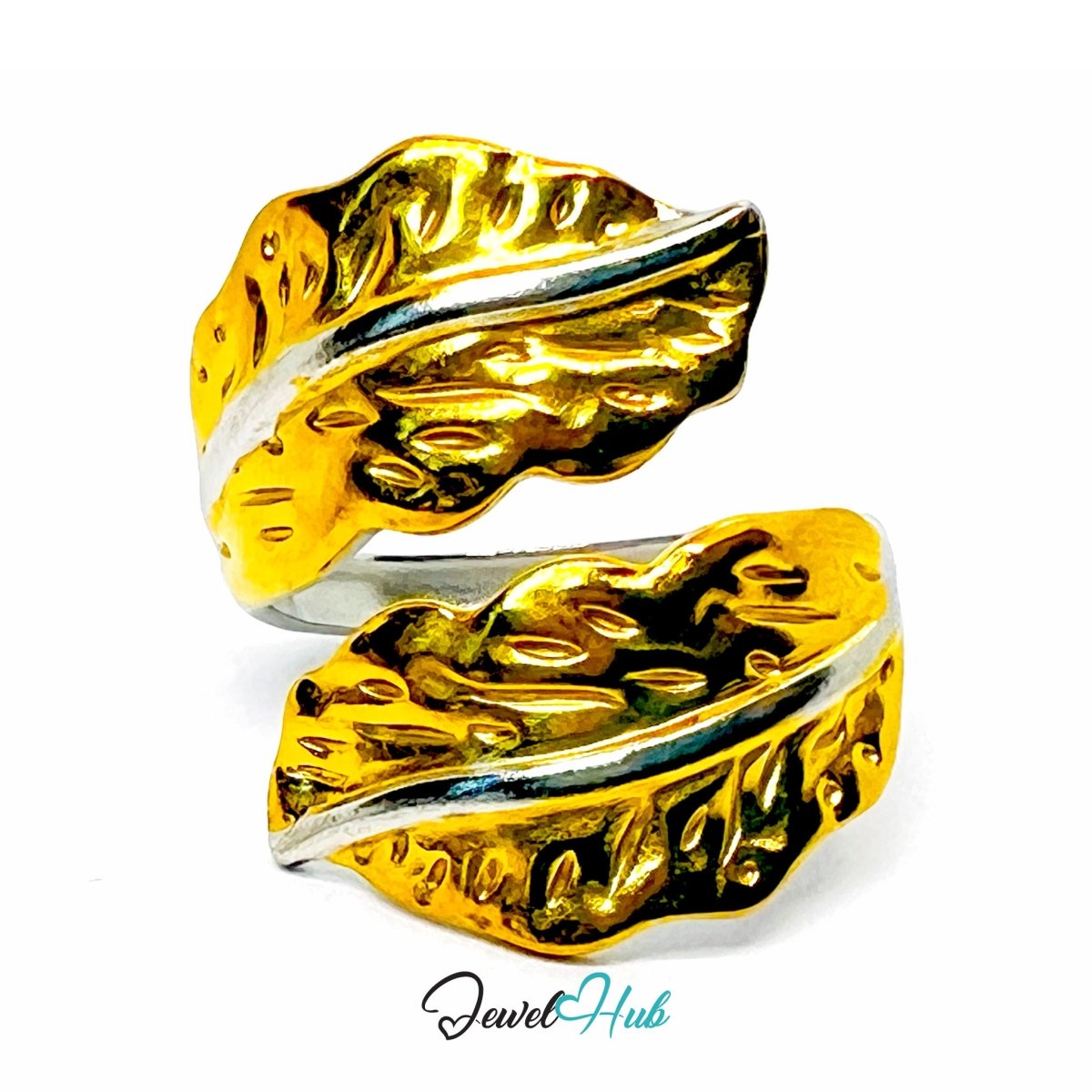 Duotone Leaf Ring · Stainless Steel · Adjustable MNOPQ · Gold Focus - JewelHub.co.uk