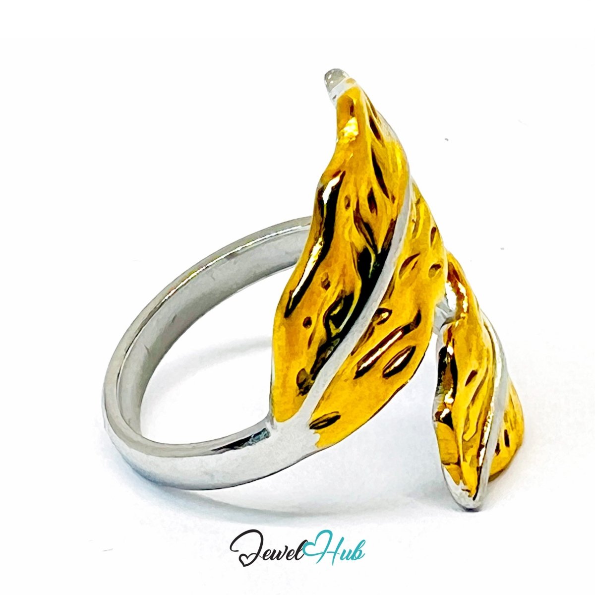Duotone Leaf Ring · Stainless Steel · Adjustable MNOPQ · Gold Focus - JewelHub.co.uk