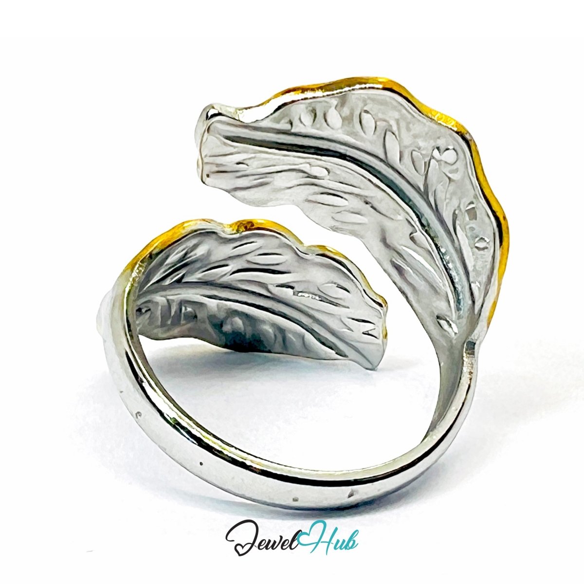 Duotone Leaf Ring · Stainless Steel · Adjustable MNOPQ · Gold Focus - JewelHub.co.uk
