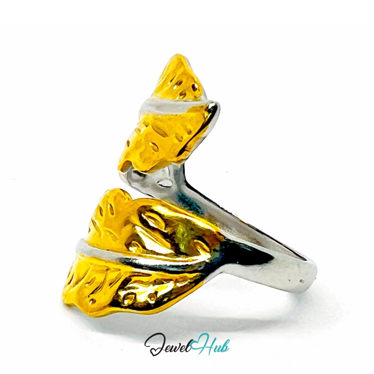 Duotone Leaf Ring · Stainless Steel · Adjustable MNOPQ · Gold Focus - JewelHub.co.uk