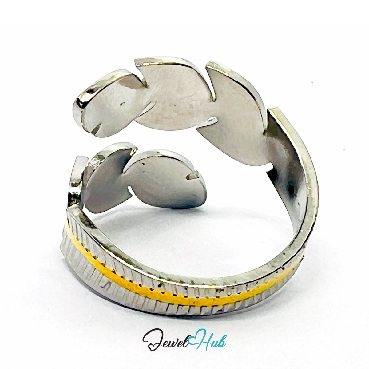 Duotone Leaf Ring · Stainless Steel · Adjustable MNOPQ · Silver Focus - JewelHub.co.uk