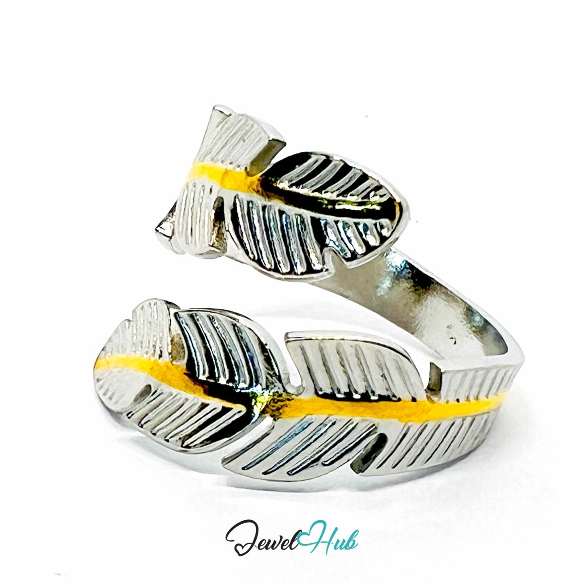 Duotone Leaf Ring · Stainless Steel · Adjustable MNOPQ · Silver Focus - JewelHub.co.uk