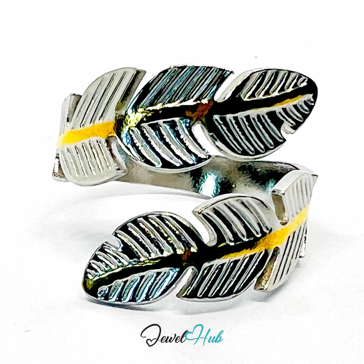 Duotone Leaf Ring · Stainless Steel · Adjustable MNOPQ · Silver Focus - JewelHub.co.uk