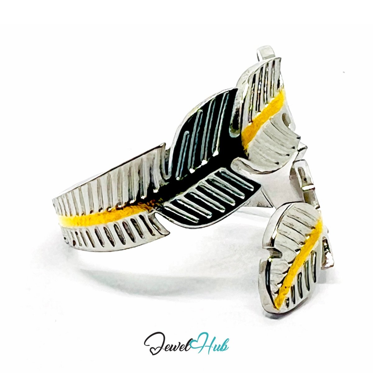 Duotone Leaf Ring · Stainless Steel · Adjustable MNOPQ · Silver Focus - JewelHub.co.uk