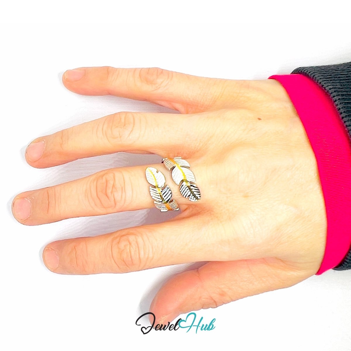 Duotone Leaf Ring · Stainless Steel · Adjustable MNOPQ · Silver Focus - JewelHub.co.uk